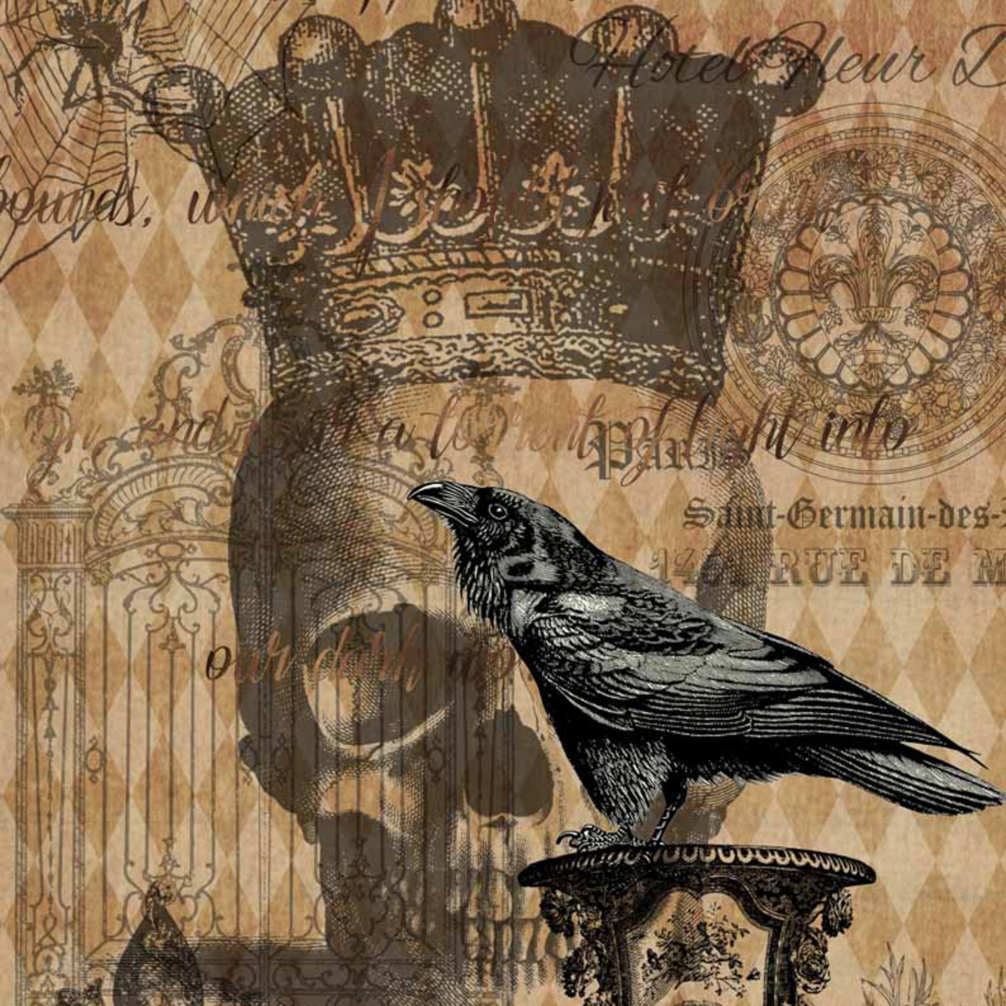 Close-up of a rice paper featuring a regal raven perched on a vase, framed by vintage script against harlequin print with a skull wearing a crown