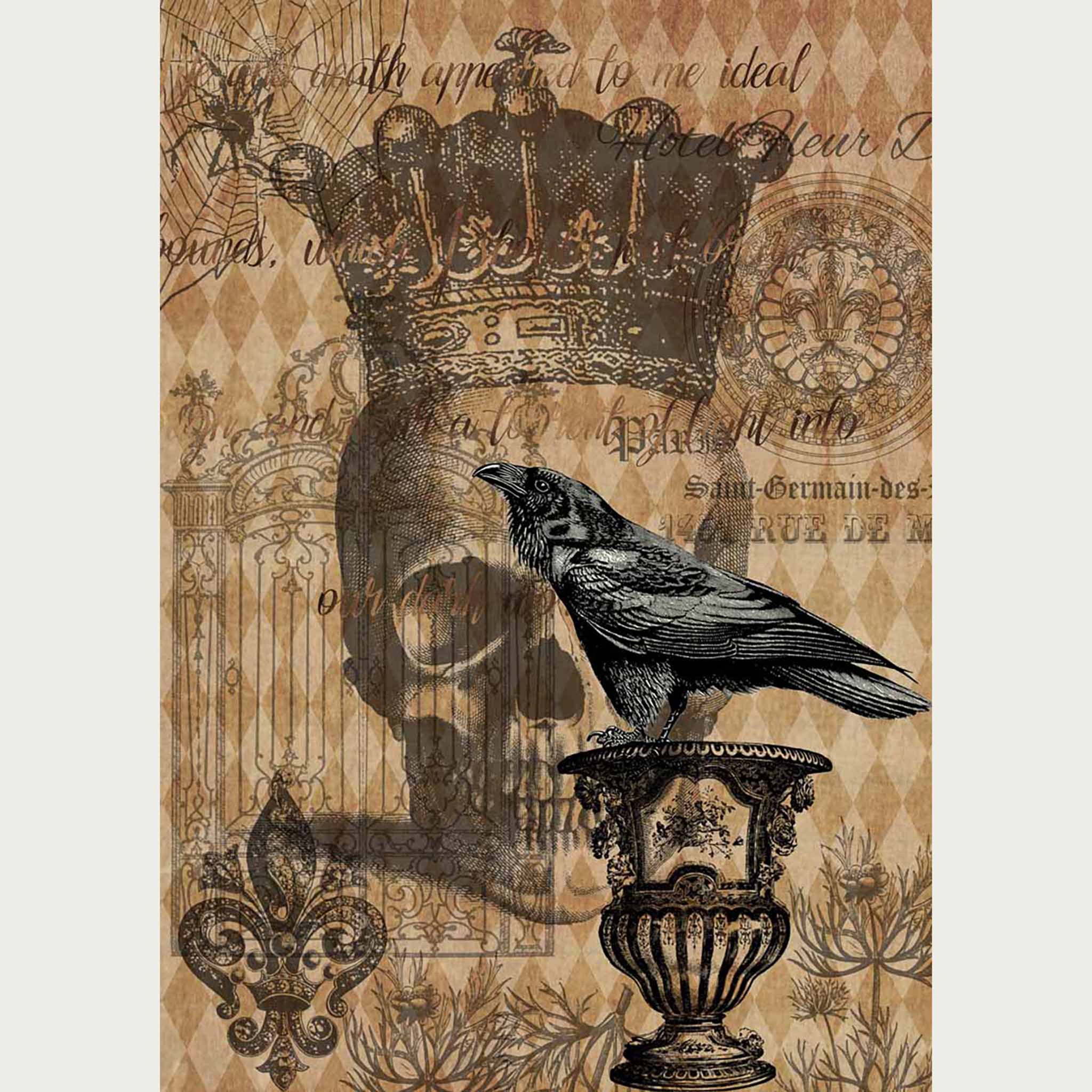 Rice paper featuring a regal raven perched on a vase, framed by vintage script against harlequin print with a skull wearing a crown. White borders are on the sides.