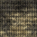 Close-up of a rice paper design featuring a distressed black and gold harlequin pattern, accented with golden French script.