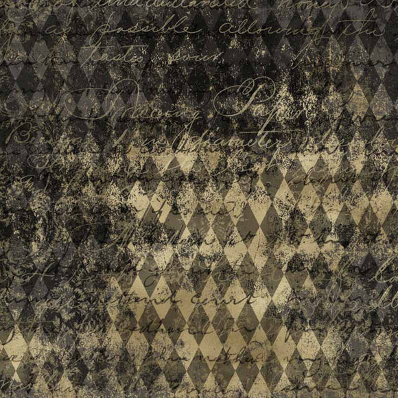 Close-up of a rice paper design featuring a distressed black and gold harlequin pattern, accented with golden French script.