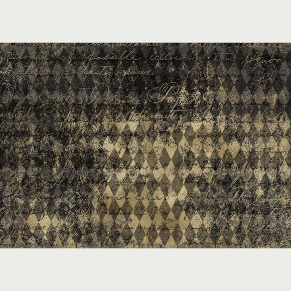 Rice paper design featuring a distressed black and gold harlequin pattern, accented with golden French script. White borders are on the top and bottom.