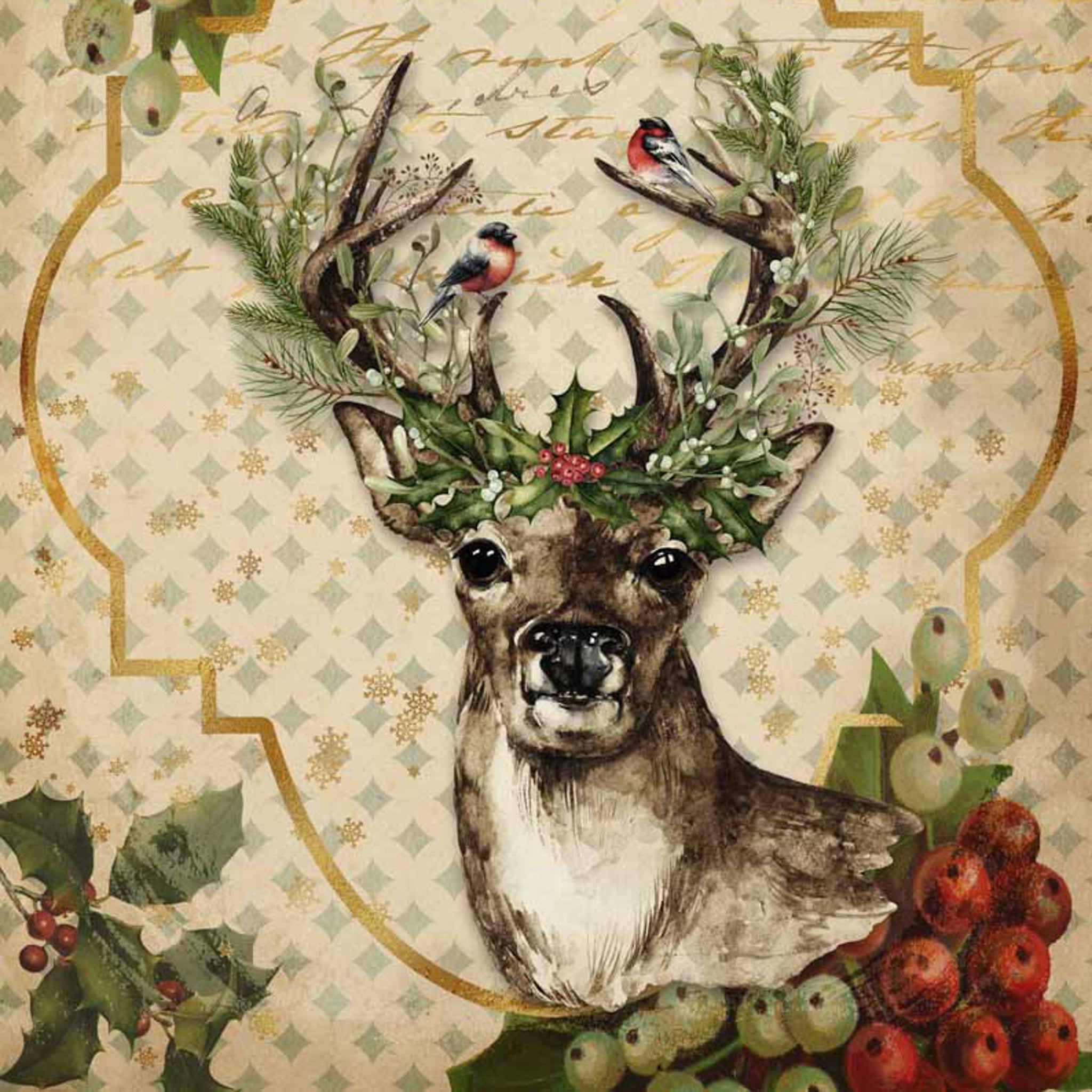 Close-up of a rice paper featuring a festive reindeer adorned with garland and red and green berries, standing against a subtle diamond print background.