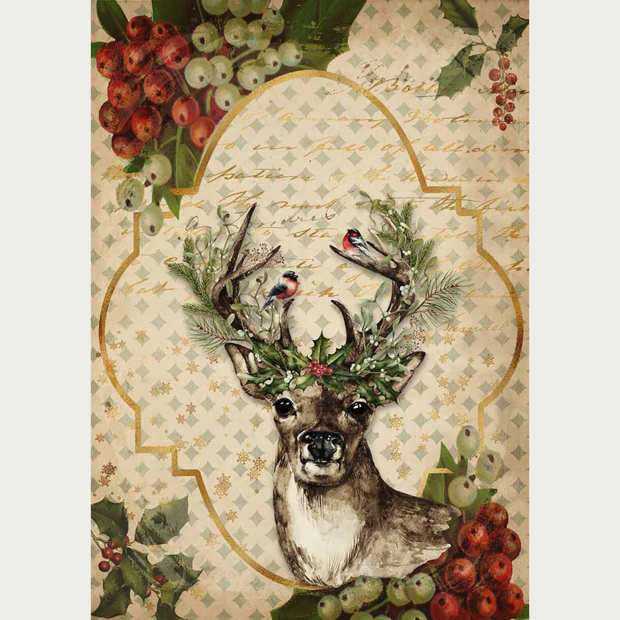 Rice paper featuring a festive reindeer adorned with garland and red and green berries, standing against a subtle diamond print background. White borders are on the sides.