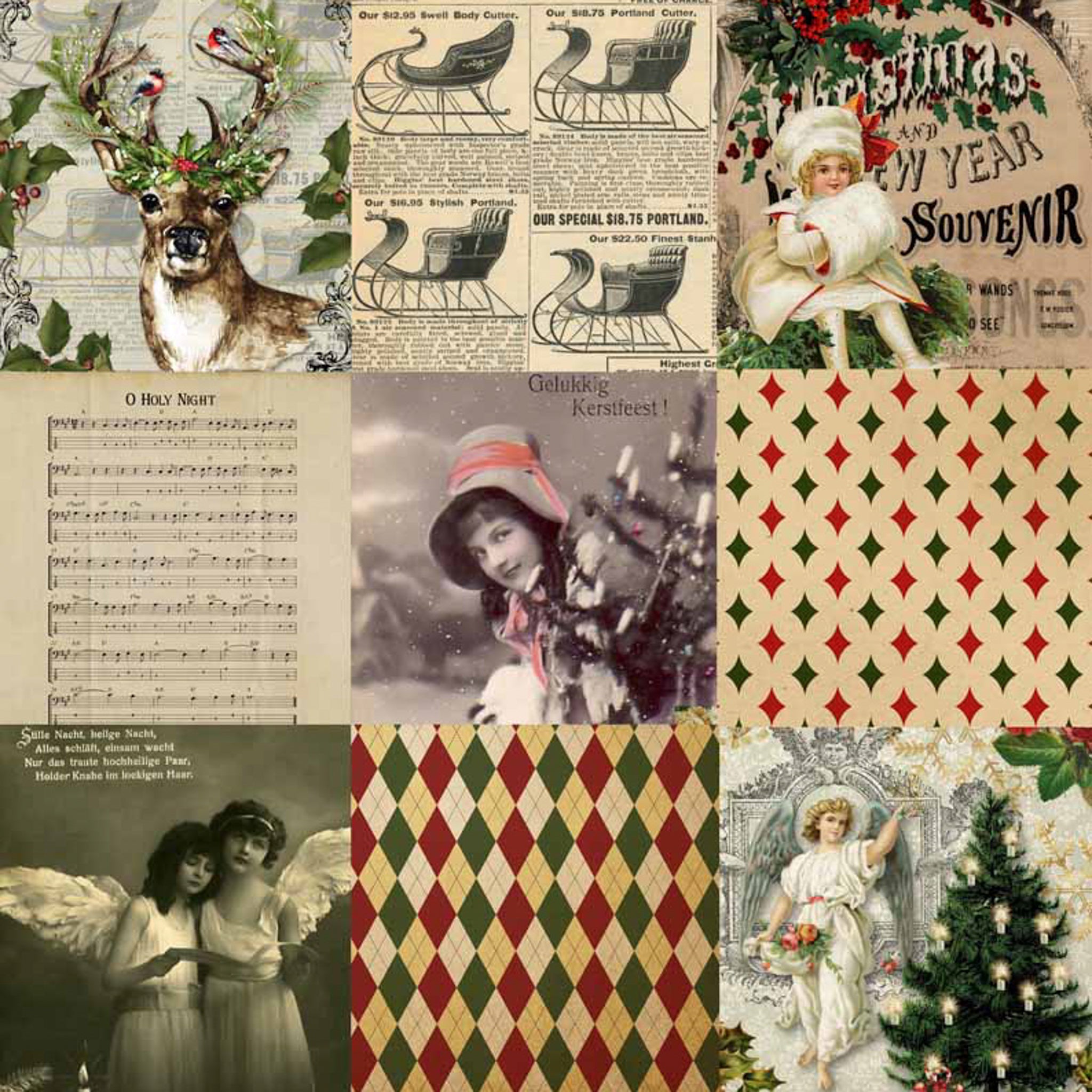Close-up of a rice paper that features 12 charming vintage Christmas scenes and patterns.