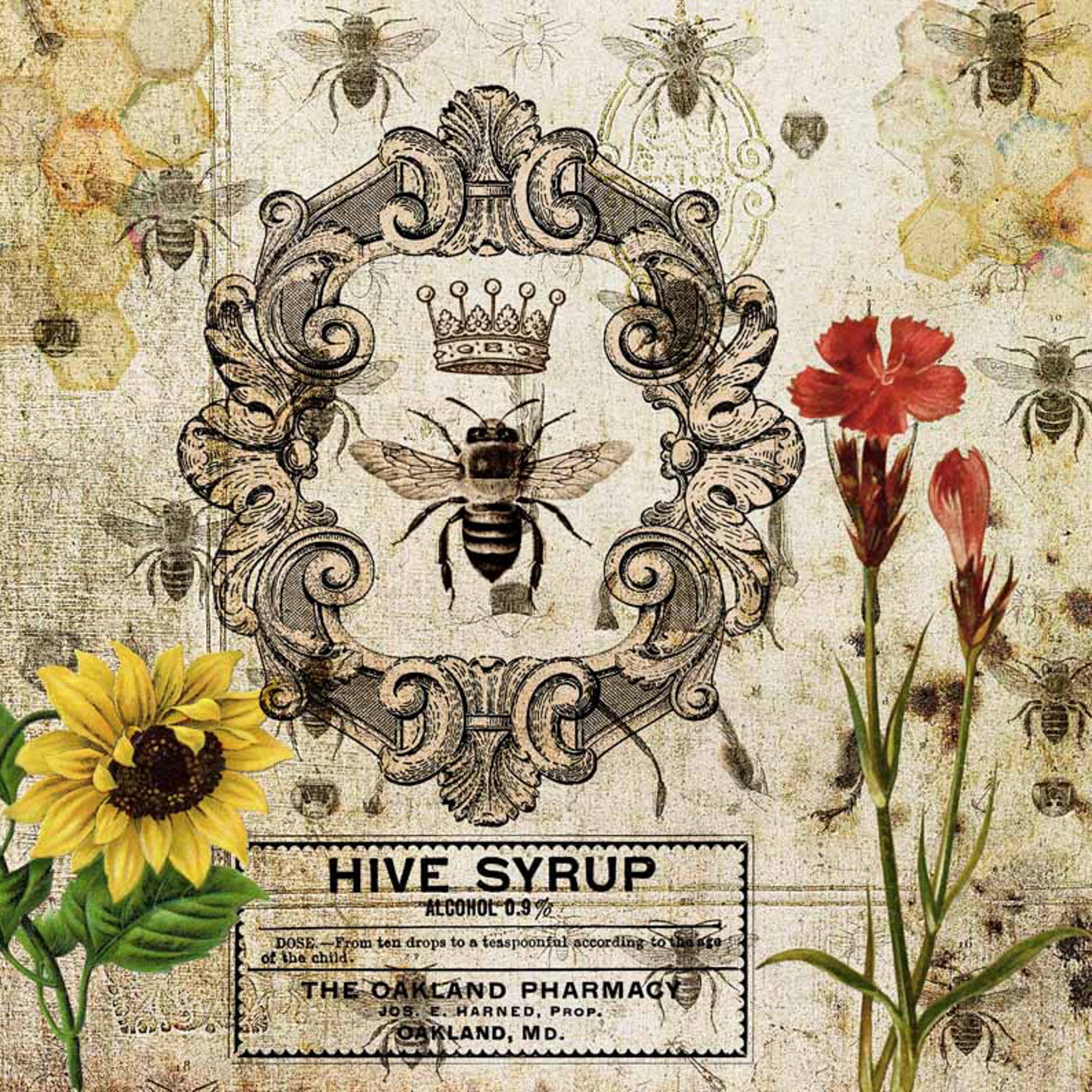 Close-up of a rice paper featuring a vintage honeybee and honeycomb design with bright flowers.