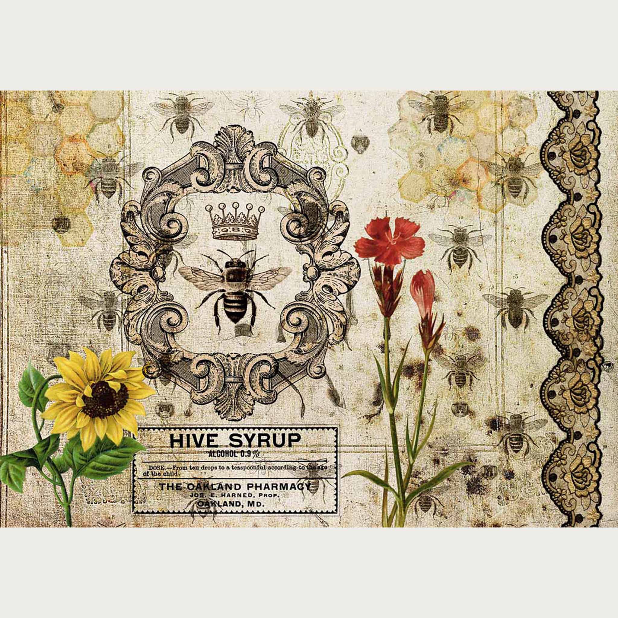 Rice paper featuring a vintage honeybee and honeycomb design with bright flowers. White borders are on the top and bottom.