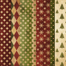 Close-up of a rice paper featuring vertical stripes of various vintage wrapping paper designs that include diamond patterns, snowflakes, and Christmas trees. 