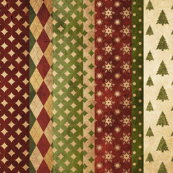 Close-up of a rice paper featuring vertical stripes of various vintage wrapping paper designs that include diamond patterns, snowflakes, and Christmas trees. 