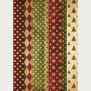 Rice paper featuring vertical stripes of various vintage wrapping paper designs that include diamond patterns, snowflakes, and Christmas trees. 
