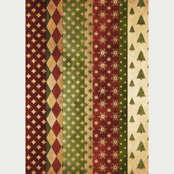 Rice paper featuring vertical stripes of various vintage wrapping paper designs that include diamond patterns, snowflakes, and Christmas trees. 
