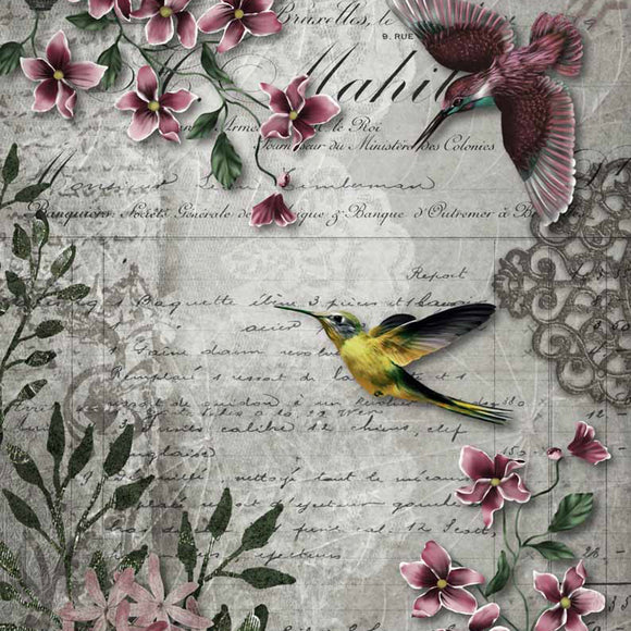 Close-up of a rice paper featuring vibrant yellow and purple hummingbirds dancing around beautiful pink flowers on a vintage-inspired document.