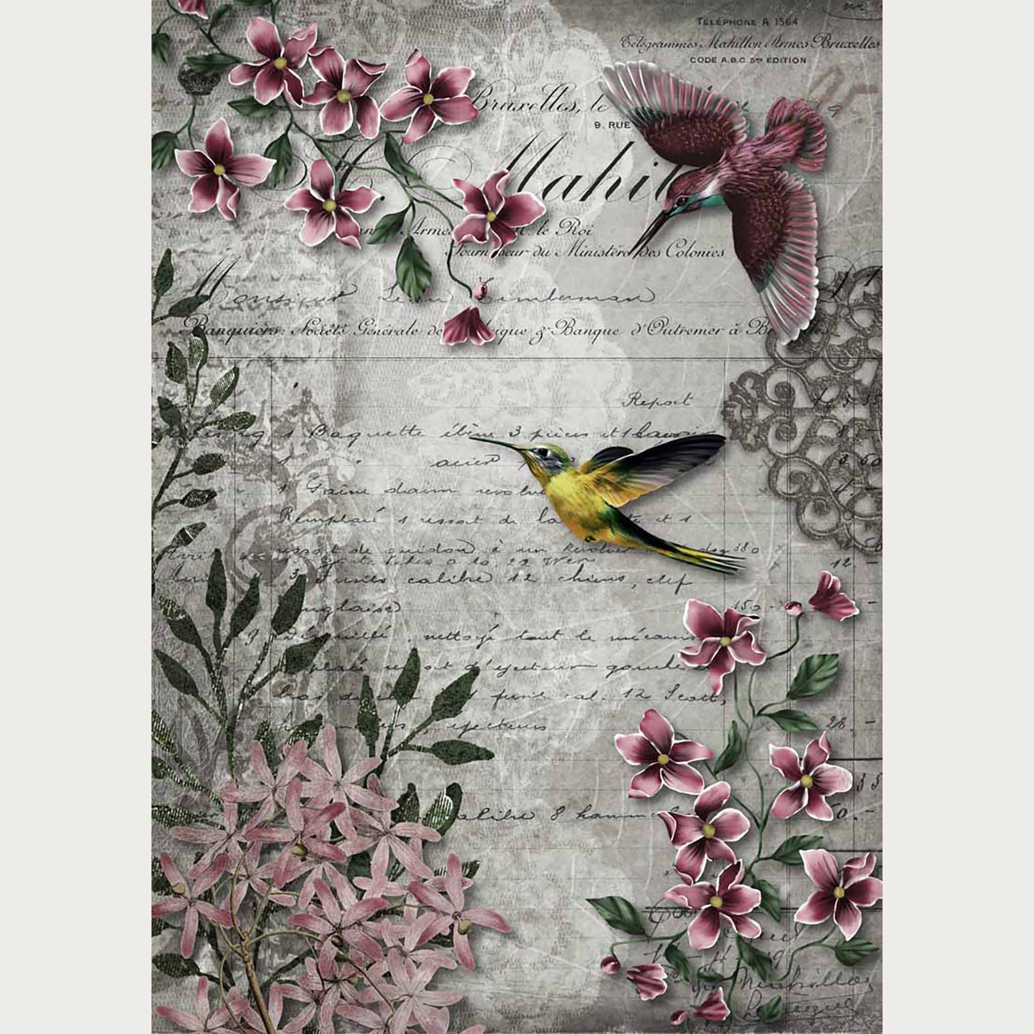 A4 rice paper design featuring a beautiful combination of hummingbirds, flowers, and scrollwork against a light gray script letter. White borders are on the sides.
