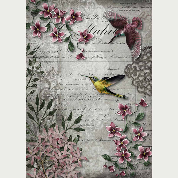 Rice paper featuring vibrant yellow and purple hummingbirds dancing around beautiful pink flowers on a vintage-inspired document. White borders are on the sides.
