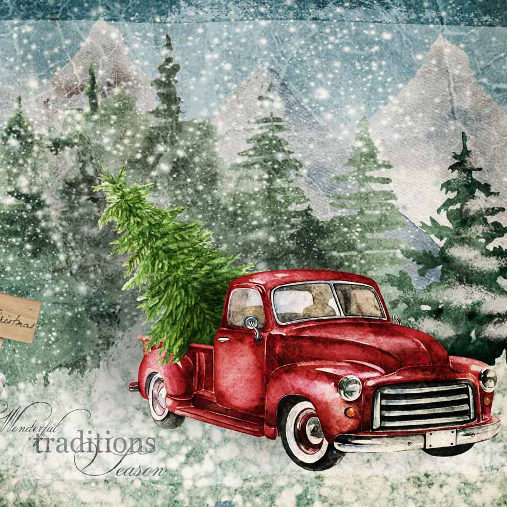 lose-up of a rice paper featuring an old red truck driving through a snowy forest with a Christmas tree in its bed.