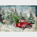 Rice paper featuring an old red truck driving through a snowy forest with a Christmas tree in its bed. White borders are on the top and bottom.