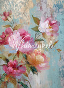 Whimsykel Fresco Roses I 14x20 decoupage paper with pink roses on an aqua vintage fresco background