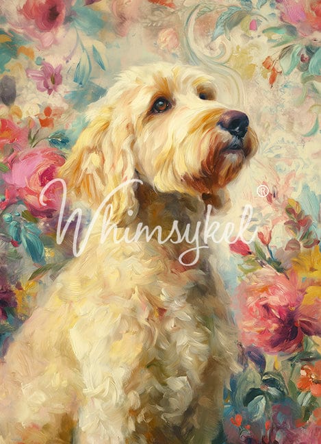 Painting of a dog with a floral background and 'Whimsykel' branding.