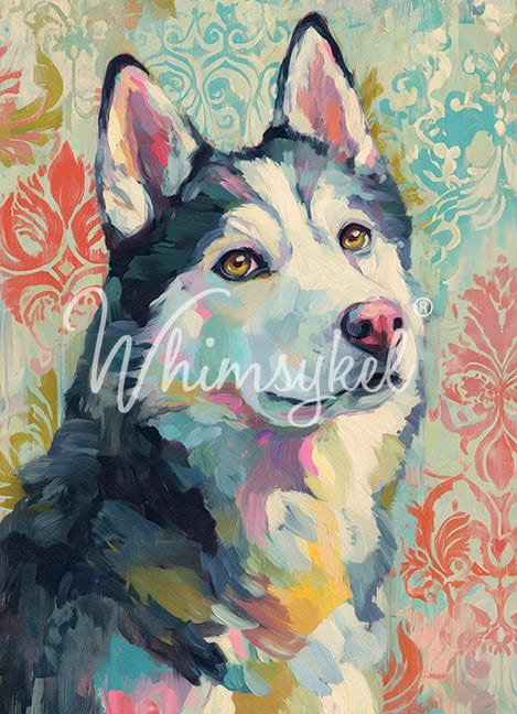 Colorful painting of a dog with 'Whimsykel' branding on a patterned background