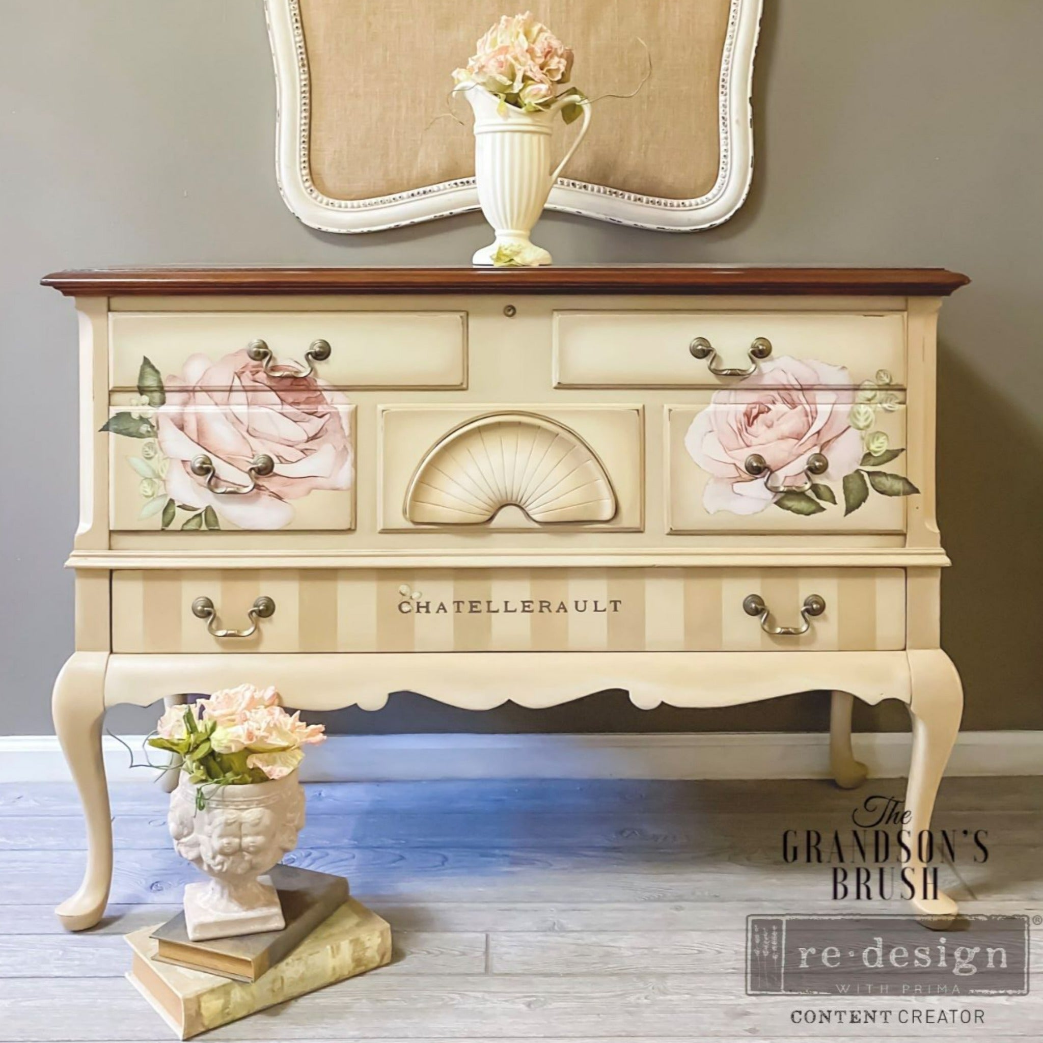 A vintage dresser refurbished by The Grandson's Bruh, a ReDesign with Prima Content Creator, is painted pale yellow and features the Chatellerault transfer on its drawers.