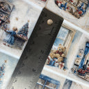 Ruler on a decorative paper with Christmas-themed illustrations