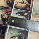 Collage of vintage-style images with a ruler for scale on a textured surface.