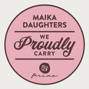 A white background with a pink circle, brown outline, and brown text that reads: Maika Daughters. We proudly carry Prima (using the Prima rose logo).