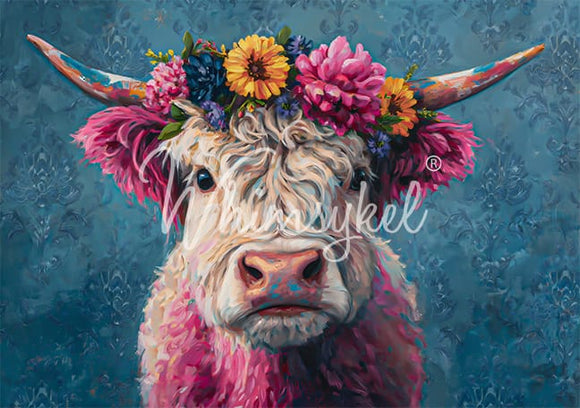 Whimsykel Magenta Moo 21x29 tissue decoupage paper featuring a pink Highland cow with a floral crown on a teal damask background