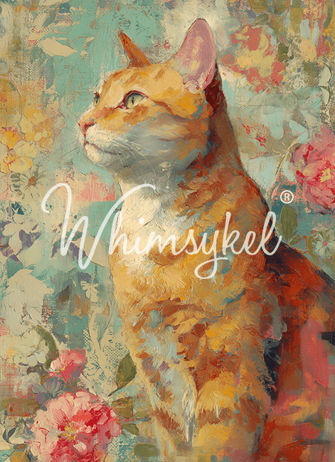 Painting of a cat with floral background and 'Whimsykel' branding
