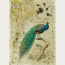 Decorative image with a peacock and floral elements on a textured background