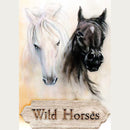Rice paper featuring portraits of a white horse and a black horse with a wood sign under them that says "Wild Horses".