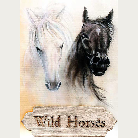 Rice paper featuring portraits of a white horse and a black horse with a wood sign under them that says "Wild Horses".