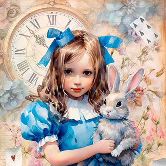 Close-up of a rice paper design featuring a young Alice holding a white rabbit in front of a background filled with Alice In Wonderland themed items.