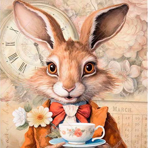 A3 rice paper design featuring Alice's white rabbit holding a teacup and saucer.