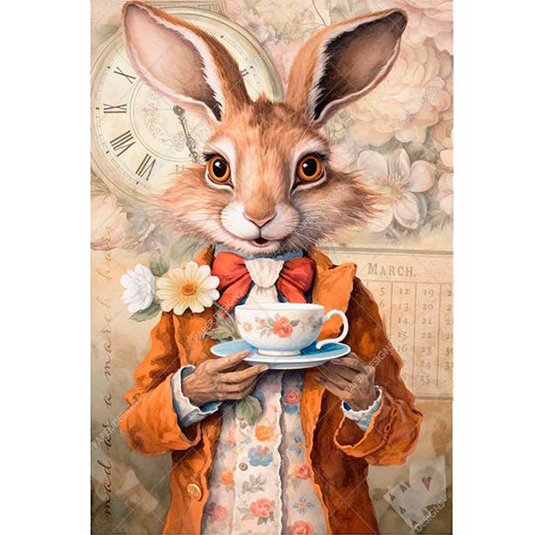 A3 rice paper design featuring Alice's white rabbit holding a teacup and saucer. White borders are on the sides.