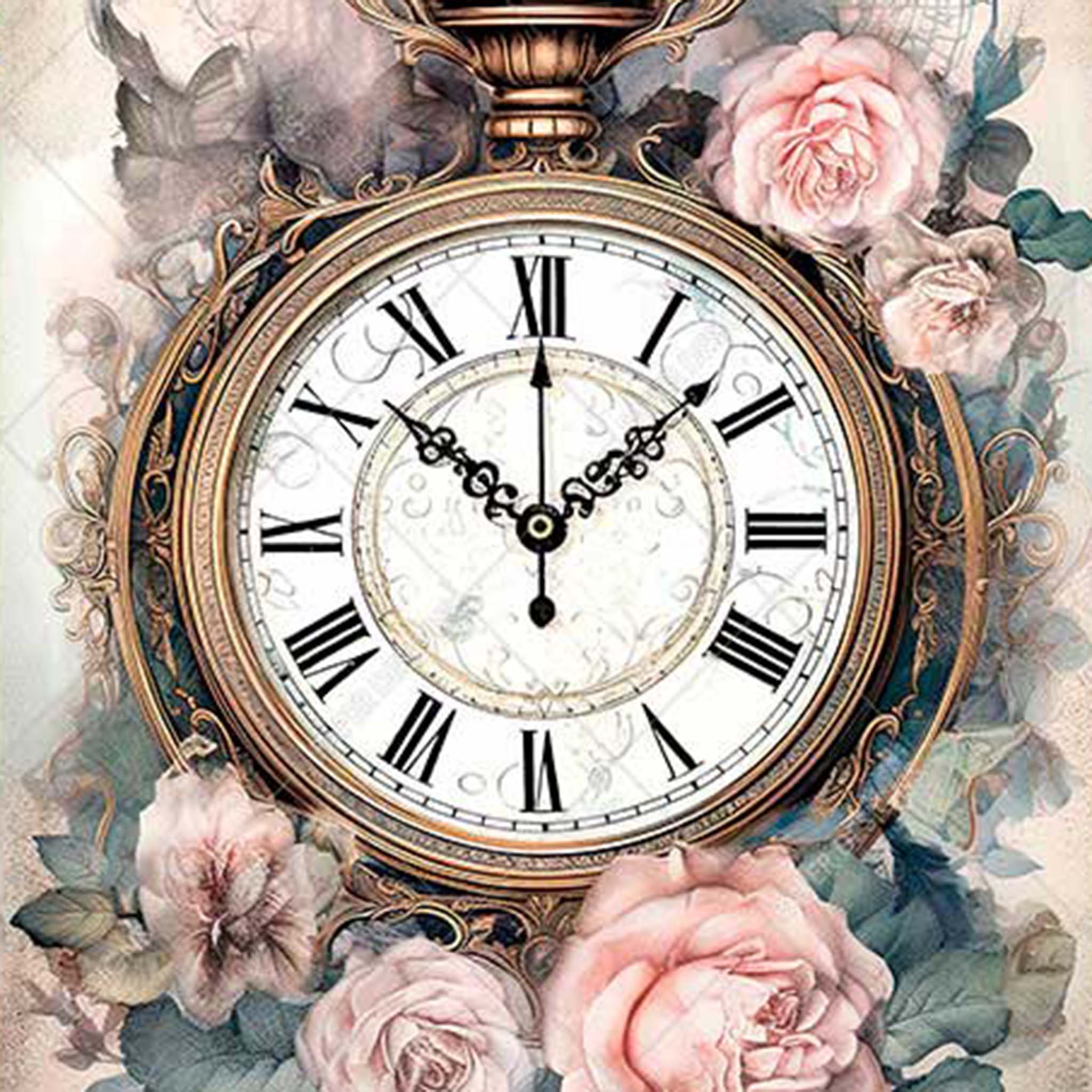 A3 rice paper design that features a classic pocket watch surrounded by elegant pink roses. 