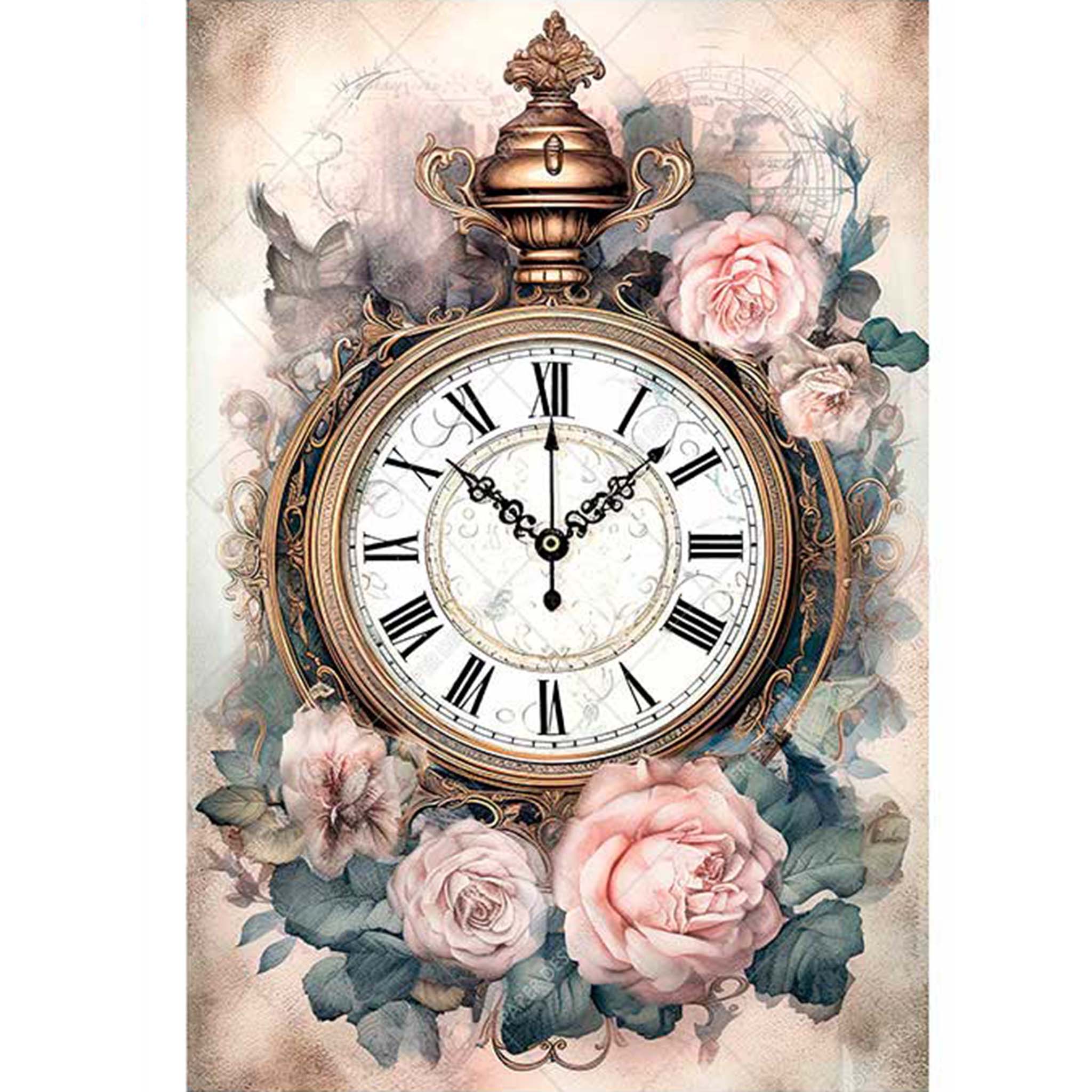 A3 rice paper design that features a classic pocket watch surrounded by elegant pink roses. White borders are on the sides.