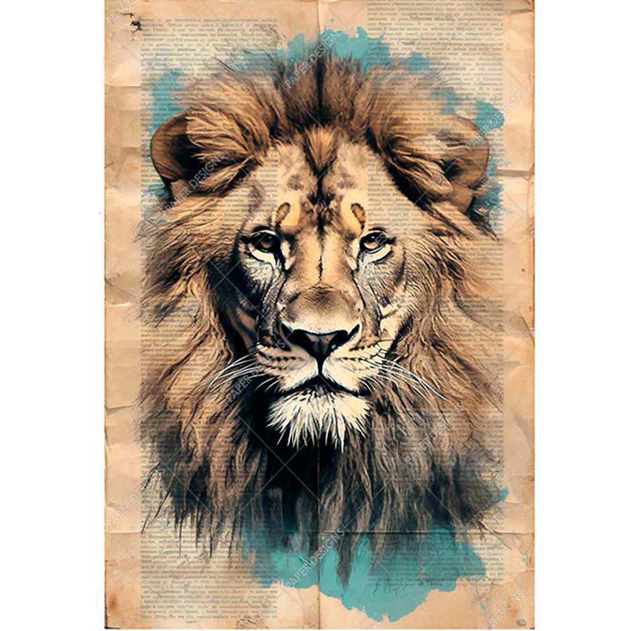 A1 rice paper design that features a vintage sepia tone background and a majestic lion. White borders are on the sides.