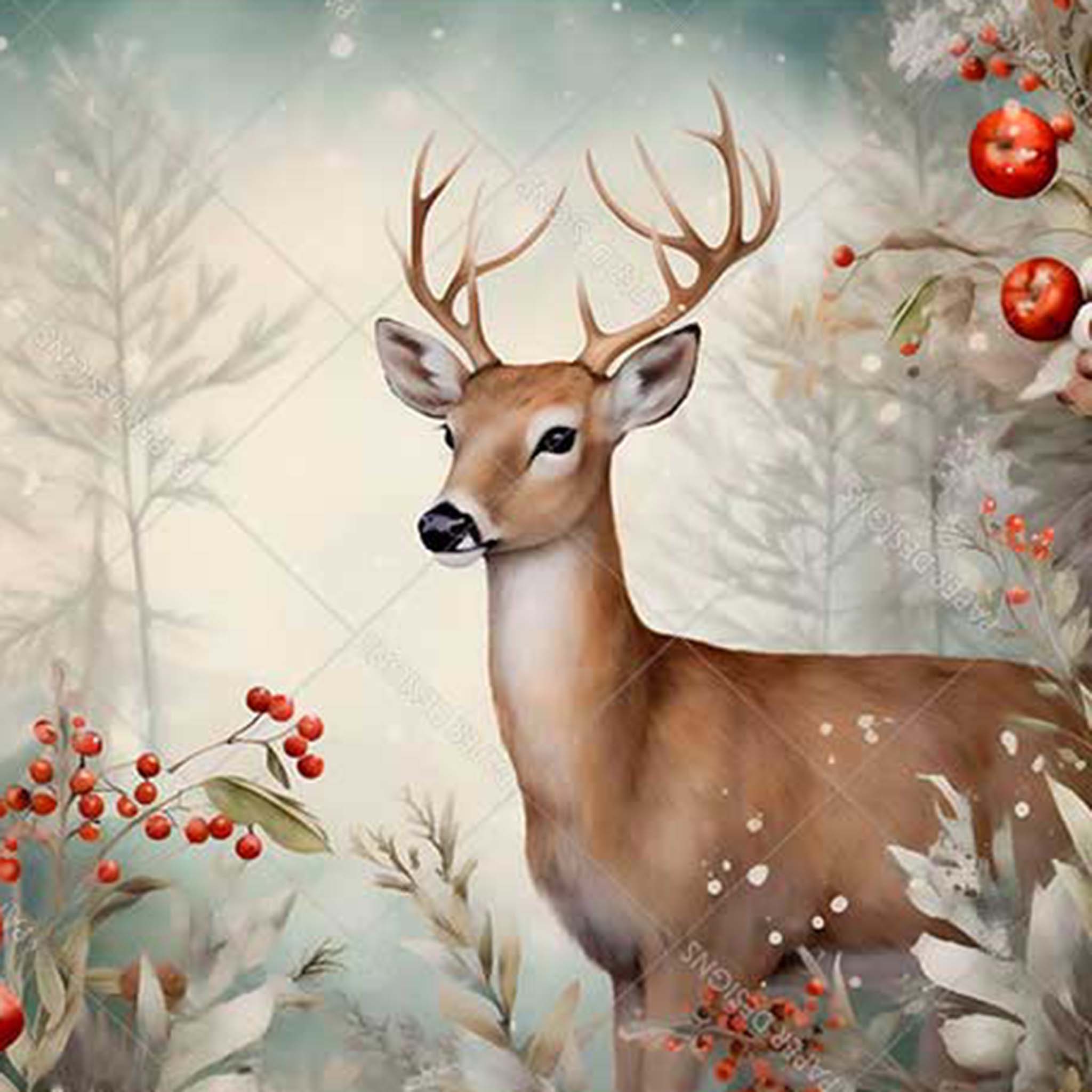 A3 rice paper design featuring a snowy scene of a majestic deer standing in a forest behind bushes of red berries.