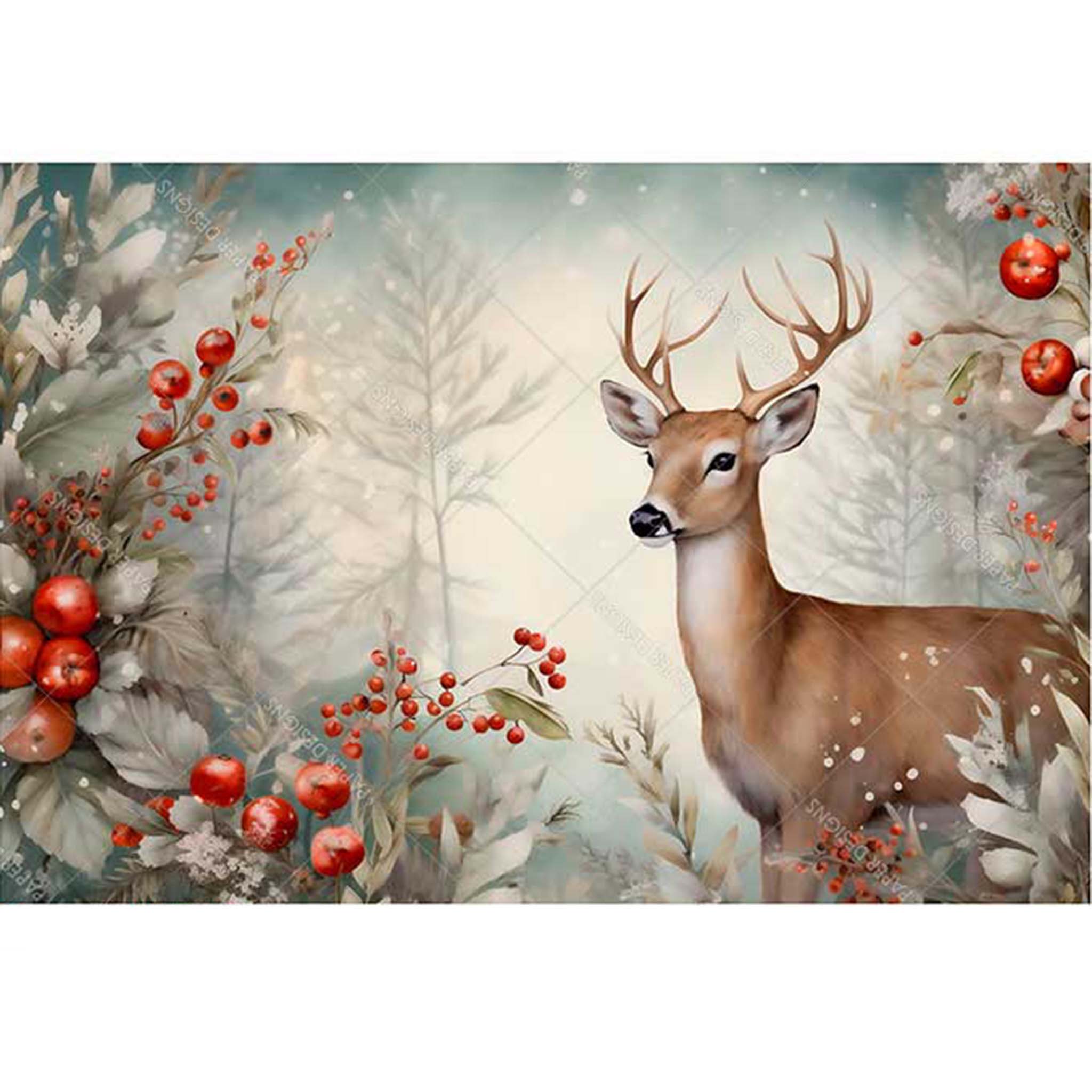 A3 rice paper design featuring a snowy scene of a majestic deer standing in a forest behind bushes of red berries. White borders are on the top and bottom.