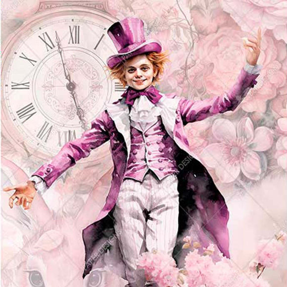 Close-up of a rice paper design featuring The Mad Hatter and a tea set against a large clock face and rabbit face in front of a pink floral background.