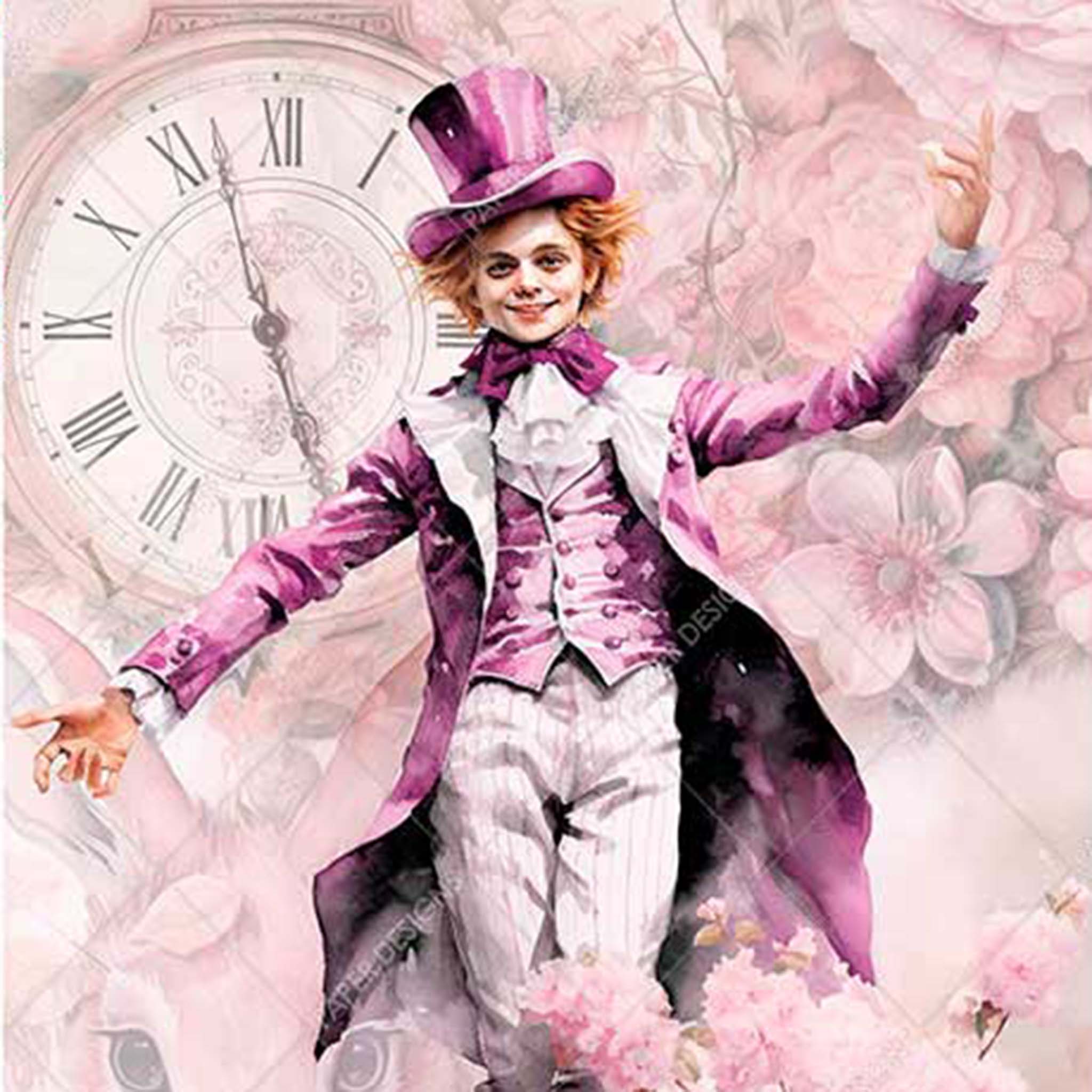 Close-up of an A4 rice paper design featuring The Mad Hatter and a tea set against a large clock face and rabit face in front of a pink floral background.