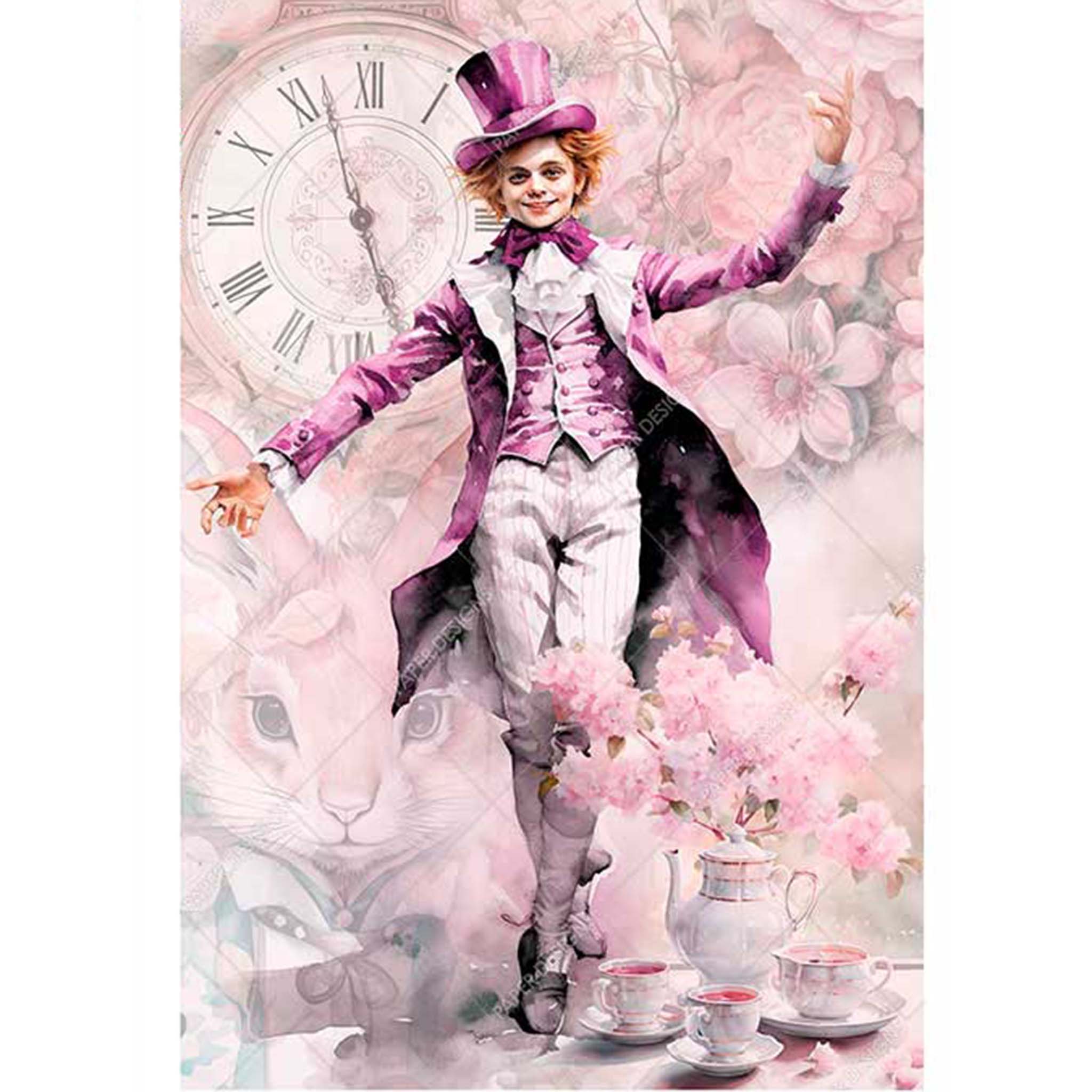 A3 rice paper design featuring The Mad Hatter and a tea set against a large clock face and rabit face in front of a pink floral background. White borders are on the sides.
