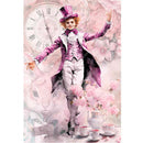 Rice paper featuring The Mad Hatter and a tea set against a large clock face and rabbit face in front of a pink floral background. 
