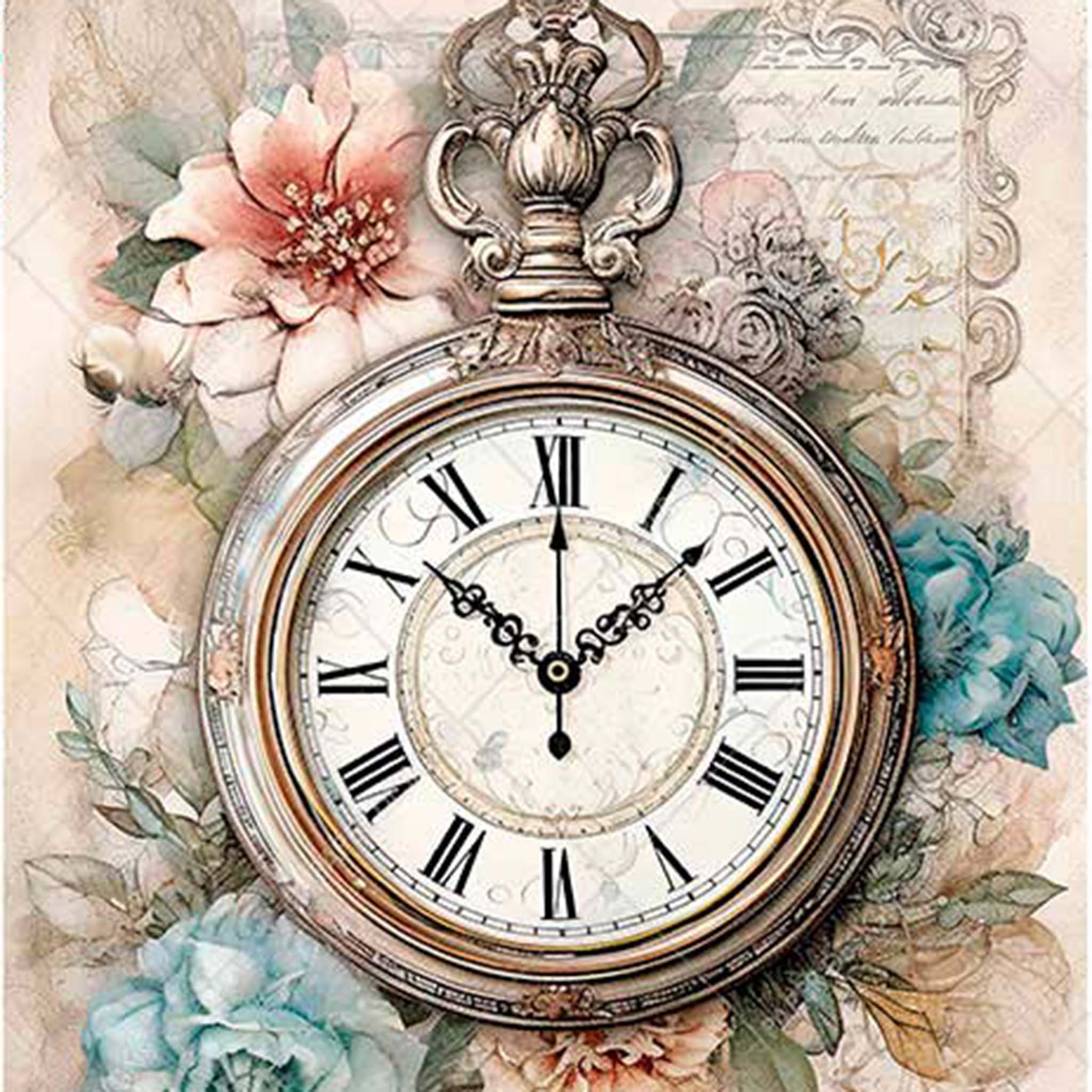 A4 rice paper design featuring a pocket watch nestled in beautiful pink and blue flowers.