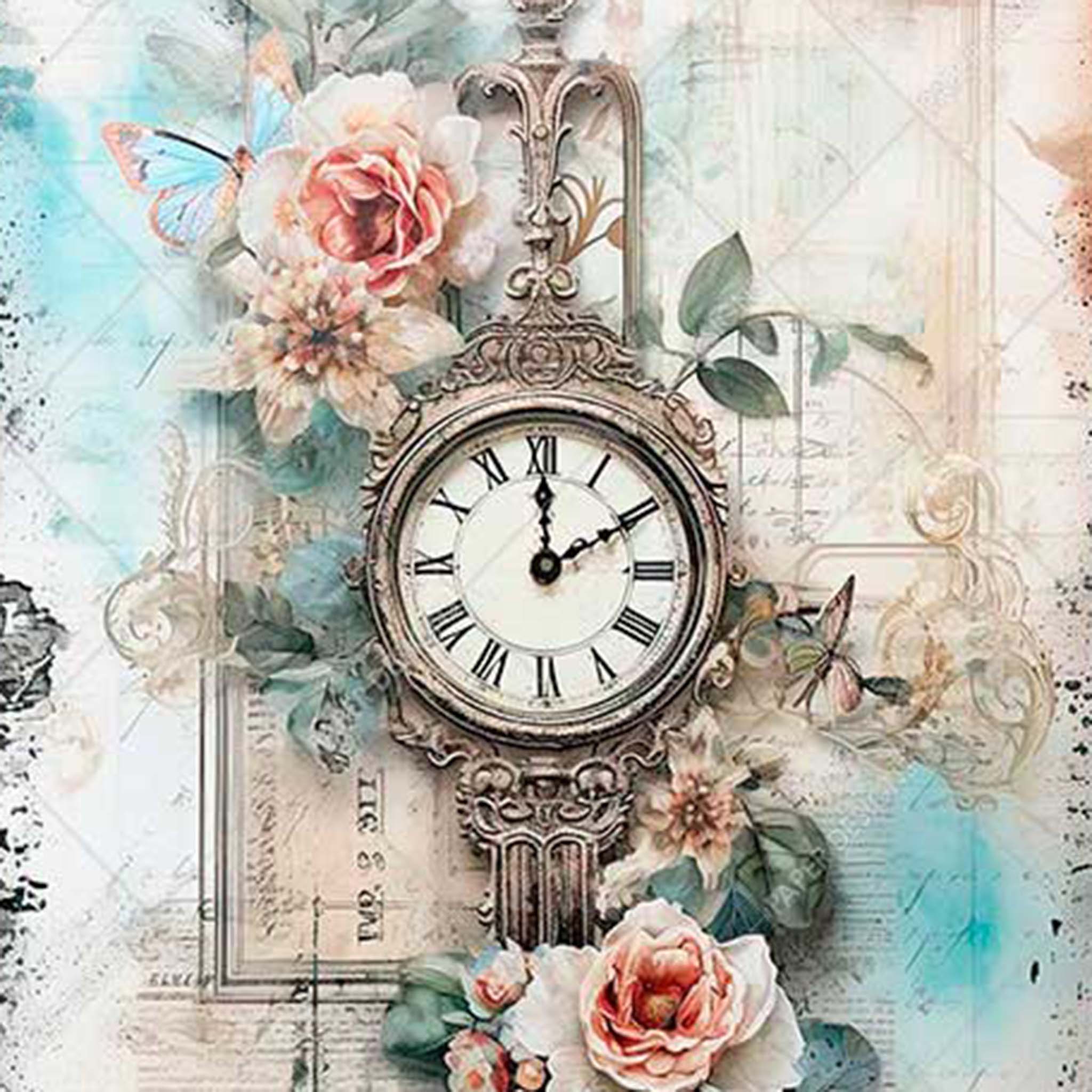 A4 rice paper design featuring an ornate clock surrounded by exquisite flowers.