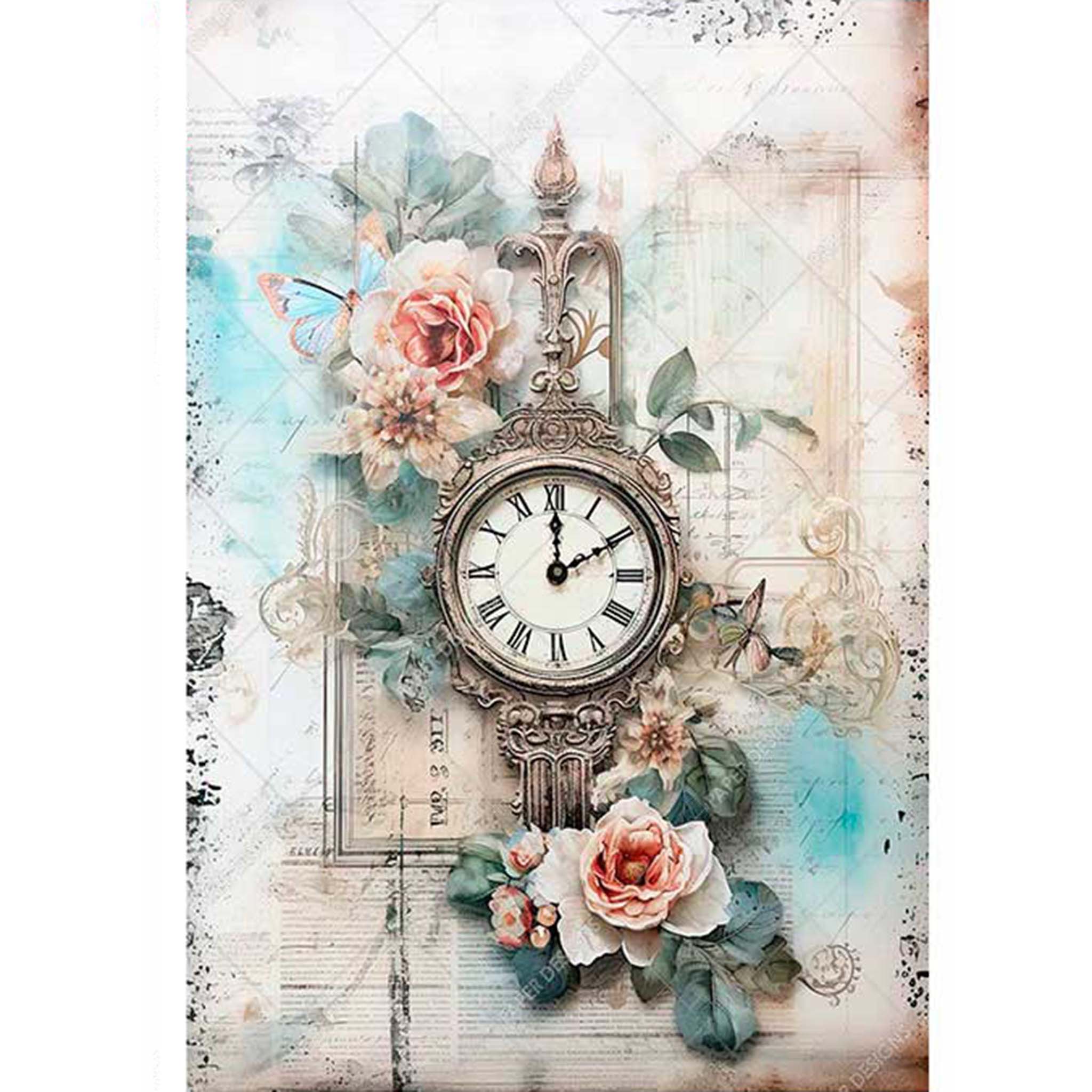 A2 rice paper design featuring an ornate clock surrounded by exquisite flowers. White borders are on the sides.