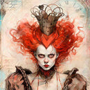 Close-up of a rice paper design featuring a scowling Queen of Hearts against a faded background of a clock and script writing.