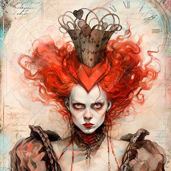 Close-up of a rice paper design featuring a scowling Queen of Hearts against a faded background of a clock and script writing.