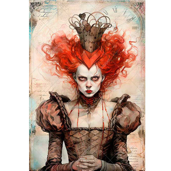 Rice paper design featuring a scowling Queen of Hearts against a faded background of a clock and script writing. White borders are on the sides.