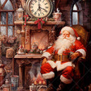 Close-up of a rice paper design that features Santa hunkering down in a cozy chair in front of a crackling fireplace.